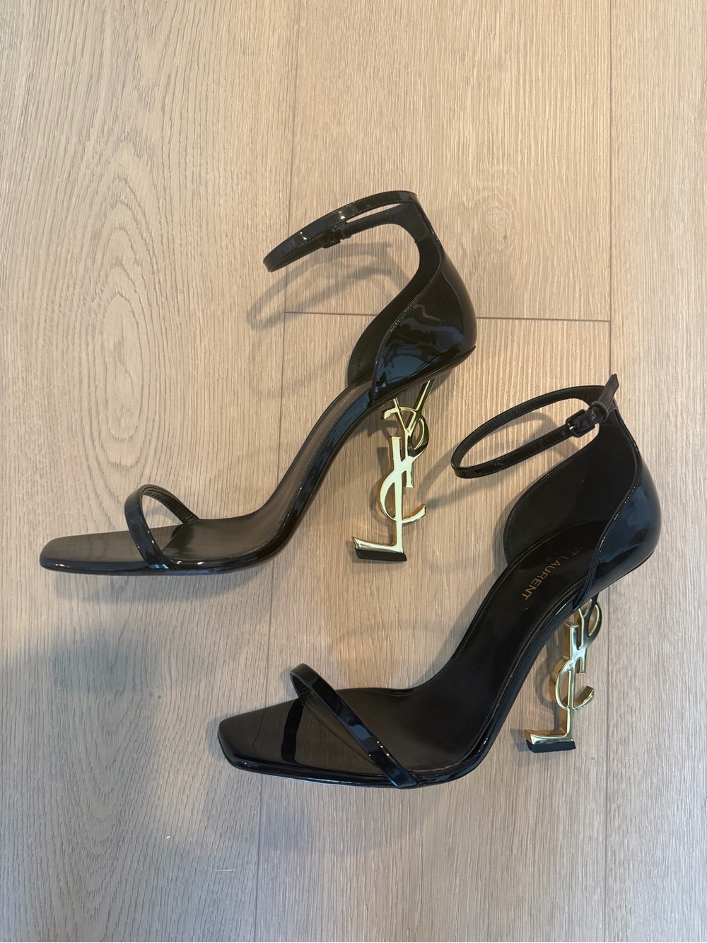Saint Laurent Black Patent YSL Logo Heel Ankle-Strap Sandals